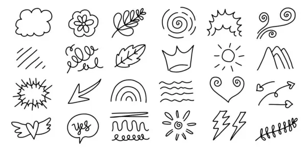 Kara karalama koleksiyonu: oklar, bulutlar, girdaplar ve taçlar. Oyuncu karalamalar, siyah çizgiler ve tuhaf şekiller. Yaratıcı projeler ve tasarımlar için mükemmel.