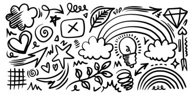 Sevimli çocuk karalama ikonları seti çiziyor. El çizimi çocuksu komik basit vektör çizimleri. Yapraklar, kalp, gökkuşağı, bulut çocuklar tasarım çizer