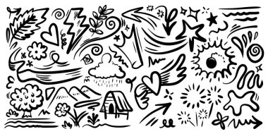 El çizimi karalama tasarımı elementleri. taç, bulut, ok, kalp, vurgu, yıldız, yapraklar ve diğer