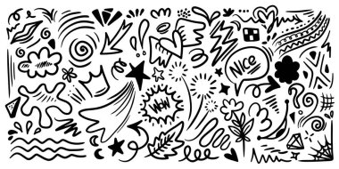 El çizimi karalama tasarımı elementleri. taç, bulut, ok, kalp, vurgu, yıldız, taç, havai fişek, yapraklar ve diğer