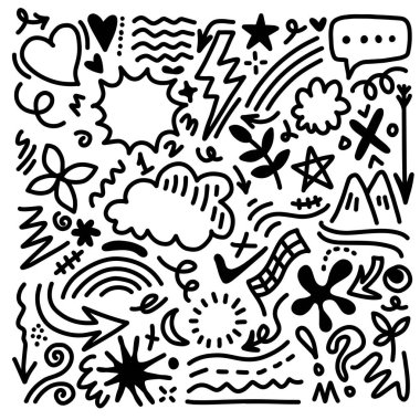El çizimi işaret basit elementler ayarlandı. Kalem ve efektleri karala. Yıldırım, yıldız, sim, ikonlar, kalp, çiçek nesneleri. Dekoratif kalem eğimli semboller ve şekil.