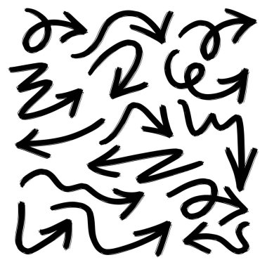 El çizilmiş vektör okları beyaz arkaplana karalama yapar. Kalın fırça çizilmiş oklar.