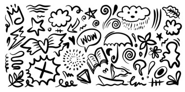 Sevimli çocuk karalama ikonları seti çiziyor. El çizimi çocuksu komik basit vektör çizimleri. Çiçek, kalp, bulut, şemsiye, taç ve diğerleri
