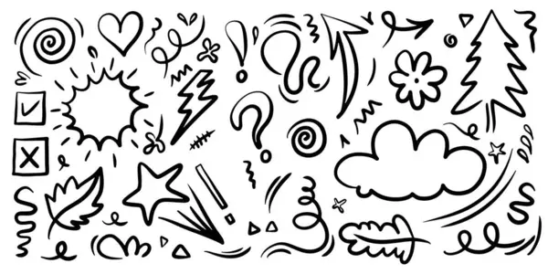 El çizimi karalama tasarımı elementleri. taç, bulut, ok, kalp, vurgu, yıldız, yapraklar ve diğer