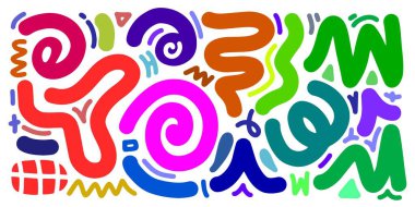 Beyaz arka planda renkli organik şekiller ve semboller. Modern modern figürler, karalama nesneleri ve grafik elementler. Vektör illüstrasyonları koleksiyonu.