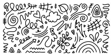 Güzel çizim yaprakları, ok, bulut süsleme ögesi simgesi seti. El çizimi karalamalar sevimli yıldırımlar, kalp, gökkuşağı. Satır metin dekorasyonu şekil simgesini karala. El çizimi Vektör illüstrasyonu.