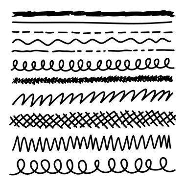 Bir dizi sanatsal kalem fırçası. Elle çizilmiş grunge vuruşları. Çizgiler, web siteleri için çeşitli bölümler. Vektör illüstrasyonu
