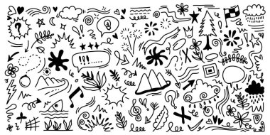 El çizimi işaret basit elementler ayarlandı. Kalem ve efektleri karala. Basit yıldırım, yıldız, simler, ikonlar, kalp, çiçek nesneleri. Dekoratif kalem eğimli semboller ve şekil.