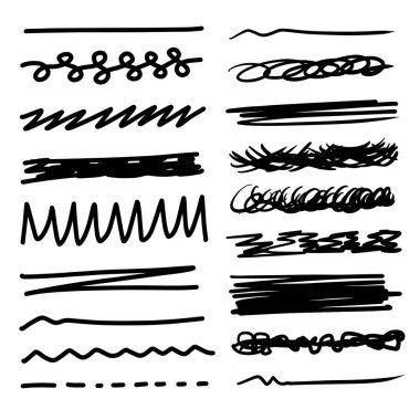 Bir dizi sanatsal kalem fırçası. Elle çizilmiş grunge vuruşları. Çizgiler, beyaz arkaplandaki web siteleri için çeşitli bölücüler.