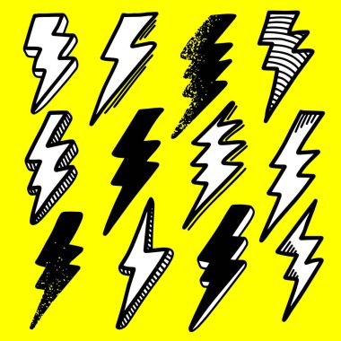 El çizimi taslak stili yıldırım koleksiyonu çizimi. Şimşek karalama simgesi seti. vektör illüstrasyonu.