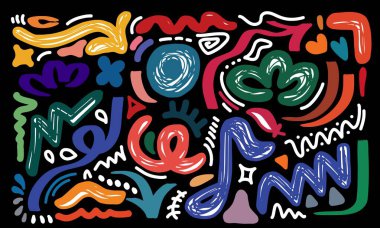 Siyah arka planda renkli organik şekiller ve semboller. Modern modern figürler, karalama nesneleri ve grafik elementler. Vektör illüstrasyonları koleksiyonu.