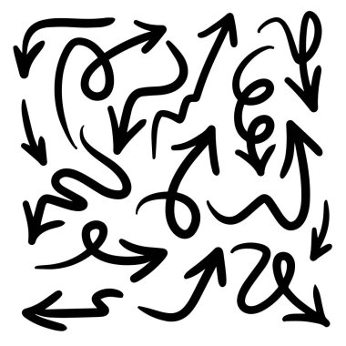 El çizimi Ok simgeleri beyaz arkaplana ayarlandı. Çeşitli yönlere sahip ok simgesi.