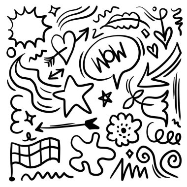 El çizimi karalama tasarımı elementleri. çiçek, ok, kalp, yapraklar, yıldız ve diğer,