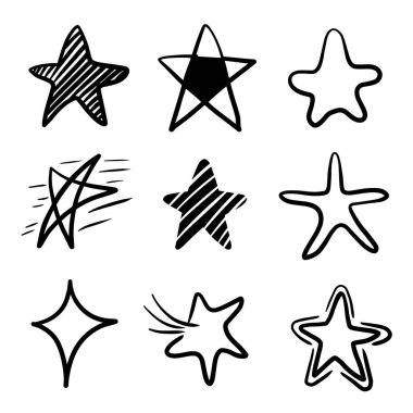 Yıldız el çizimi seti. Siyah vektör yıldız çizimi beyaz arkaplana karalama biçimi ile çizildi