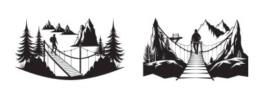 Siluet Yürüyüş Macerası: Askı Köprüsü 'ndeki Adam, Dağ Manzarası, Ağaçlar, Açık Hava Rekreasyon Vektörü Resimleri.