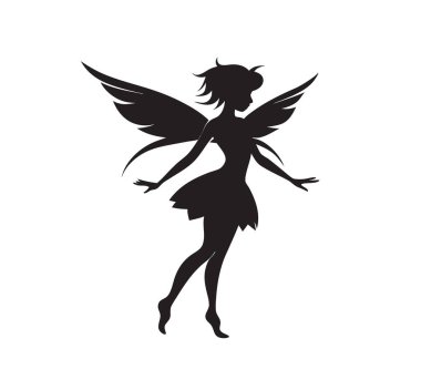Siyah ve beyaz peri silueti beyaz arka planda narin kanatları ve sihirli duruşu olan çizimler..