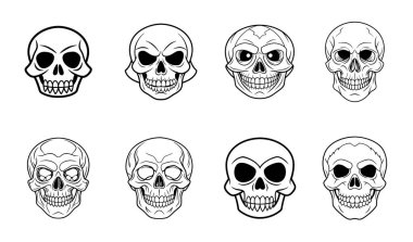 Kafatası silueti, beyaz arka planda izole edilmiş. Vektör çizimi, geleneksel Cadılar Bayramı dekoratif unsuru. Cadılar Bayramı silueti siyah kafatası logo simgesi seti.