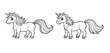 Beyaz arkaplanda şirin tek boynuzlu at çizgisi çizimi