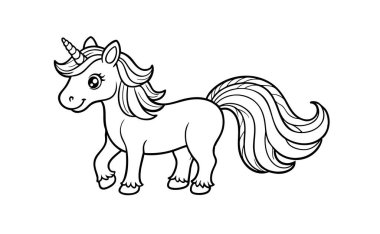 Beyaz arkaplanda şirin tek boynuzlu at çizgisi çizimi