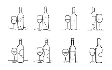 Şarap Şişeleri ve Bardakların Çizimi.
