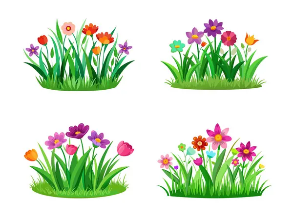 Yeşil çimenli renkli çiçek yatakları, bahar ve yaz temaları için mükemmel..