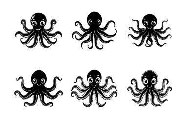 Altı tapılası siyah ahtapot çizgi film çizimleri koleksiyonu..