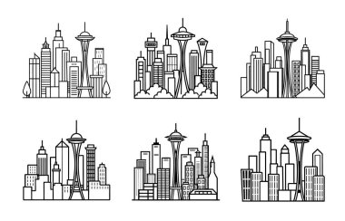 Seattle Şehir Manzarası Silüetleri Çizgi Sanatı.