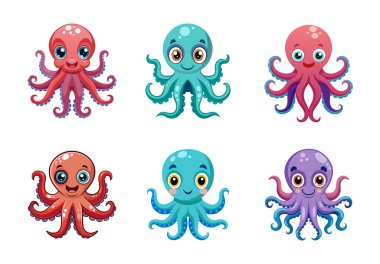 Değişik renklerde altı tapılası çizgi film ahtapotu.