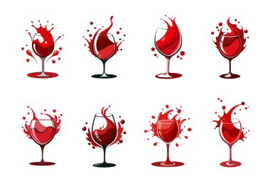 Bardaktan dökülen kırmızı şarap seti, beyaz arka planda izole edilmiş..