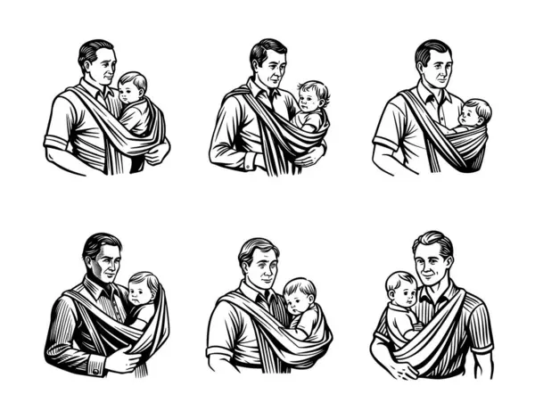 Askılıkta oğlunu taşıyan koca bir adam seti, beyaz arka planda vektör illüstrasyonu.