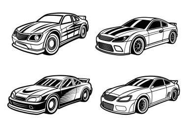 4 Oto Yarış Arabası, beyaz arkaplanda siluet vektör çizimi.