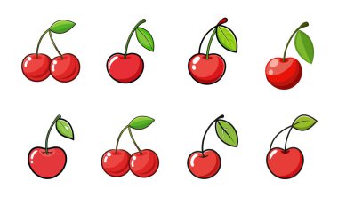 Kırmızı kiraz simgesi seti, beyaz arkaplanda kiraz meyvesi vektör illüstrasyonu.