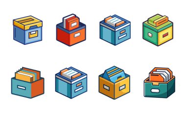 Farklı tiplere sahip renkli dosya kutuları kümesi.