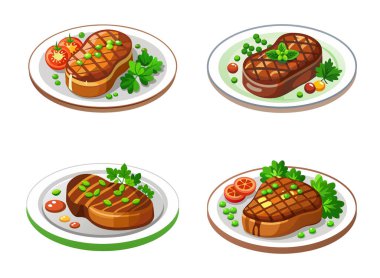 Tabak vektör illüstrasyonunda sebzeli ızgara biftek..