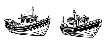 Siyah ve beyaz vektör yelkenli iki eski balıkçı teknesi çiziyor.