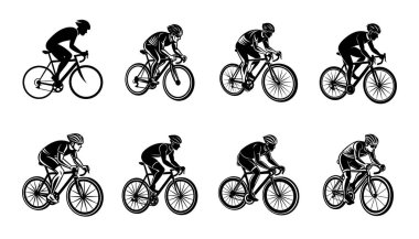 Beyaz izole arka planda bisiklet süren bisikletçilerin siyah siluet çizimleri