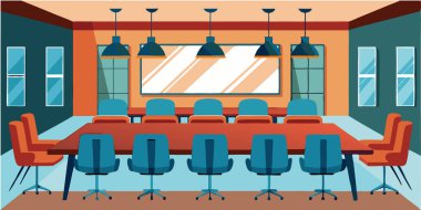 Sandalyeleri ve masaları olan bir konferans odasının çizimi..