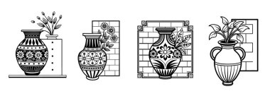 Siyah ve beyaz çiçek desenli dekoratif vazolardan oluşan bir koleksiyon.