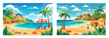 Tropikal Sahillerin Palmiye Ağaçları ve Dağları ile Canlı Vektör İllüstrasyonu
