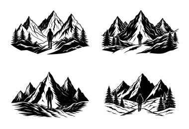 Bir dağ manzarasında yalnız bir yürüyüşçünün dört farklı versiyonu.