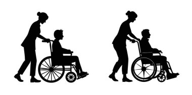 Hasta Bakıcıları Tekerlekli Sandalyeye İten Hemşire Bakımı Gösterisinin Silueti