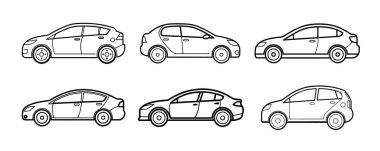 Çeşitli araba siluetlerinin siyah beyaz koleksiyonu.