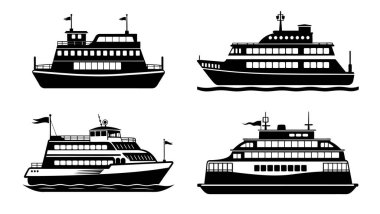 Siyah beyaz feribot siluetleri koleksiyonu.