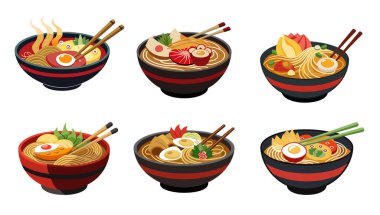 Çeşitli malzemelerle çeşitli lezzetli erişte kaseleri.