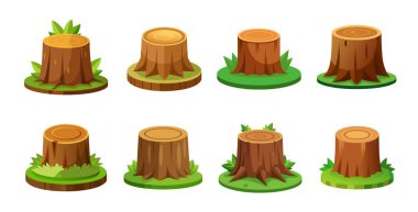 İzometrik görünümlü yeşil çimenli sekiz ağaç kütüğü koleksiyonu