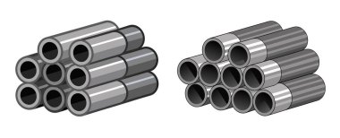 Gri ve çizgi yönünün farklı tonlarına sahip metal tüpler.