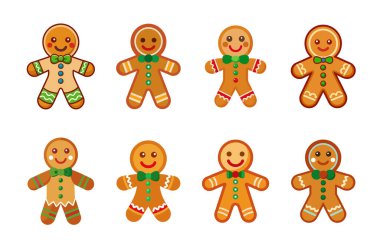 Farklı renkte ve dizaynlı sekiz neşeli zencefilli kurabiye adam kurabiyesi koleksiyonu