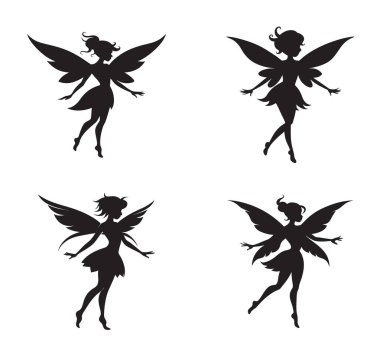Beyaz Arkaplanda Kanatlı Perilerin Dört Siyah Silueti.