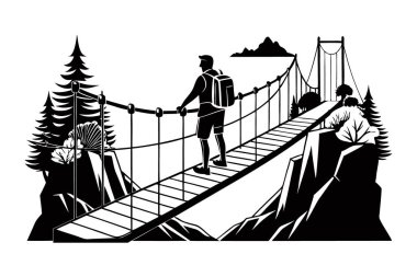 Yürüyüşçünün asma köprü manzarasından geçerken siyah ve beyaz vektör görüntüsü