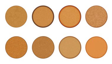 Beyaz arka planda farklı sınır tasarımlarına sahip sekiz mantar bardak altlığı.